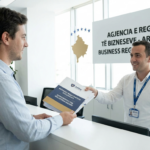 Një fotografi e një investitori ndërkombëtar në një zyrë moderne të regjistrimit të biznesit ARBK në Kosovë, duke i dorëzuar një folder dygjuhësh me mbishkrimin 'DOKUMENTET PËR REGJISTRIM BIZNESI / BUSINESS REGISTRATION DOCUMENTS' një zyrtari të buzëqeshur. Shihet një hartë e Kosovës.