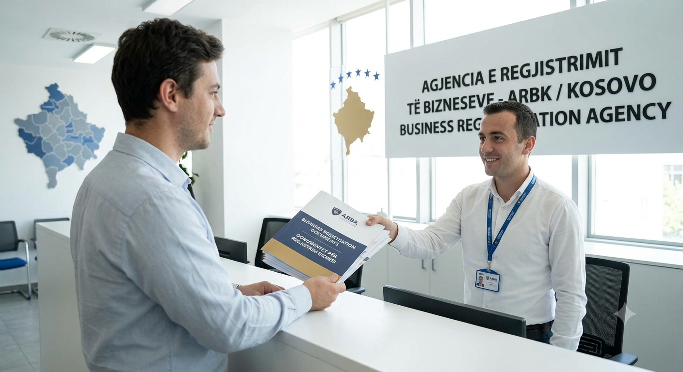 Një fotografi e një investitori ndërkombëtar në një zyrë moderne të regjistrimit të biznesit ARBK në Kosovë, duke i dorëzuar një folder dygjuhësh me mbishkrimin 'DOKUMENTET PËR REGJISTRIM BIZNESI / BUSINESS REGISTRATION DOCUMENTS' një zyrtari të buzëqeshur. Shihet një hartë e Kosovës.